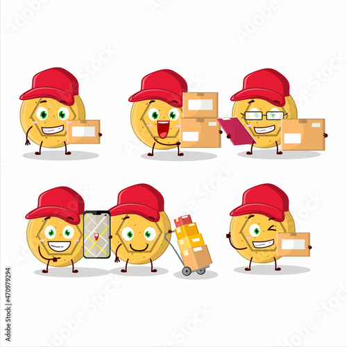 Cartoon character design of dalgona candy pentagon working as a courier