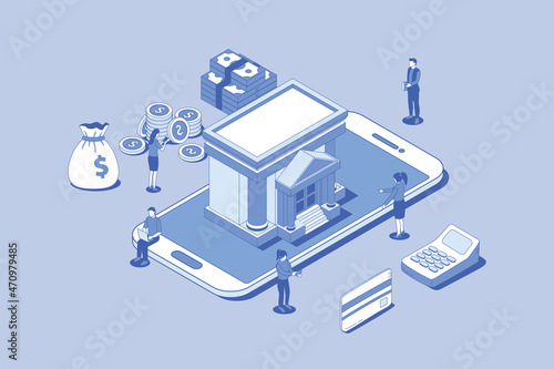 online banking or digital bank concept with money people and banks building with outline isometric style