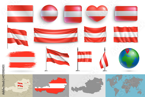 Austria flags of various shapes and geographic map set. Realistic Austrian flags, glossy buttons in patriotic colors, highly detailed map and globe with identification pin vector illustration