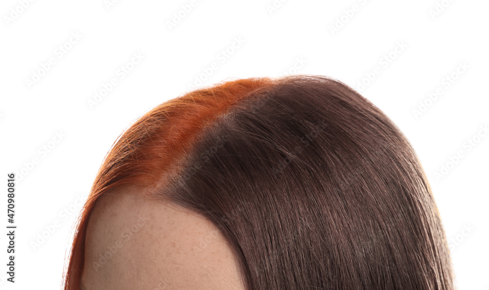 Closeup view of young woman before and after hair dyeing on white background Closeup view of young woman before and after hair dyeing on white background