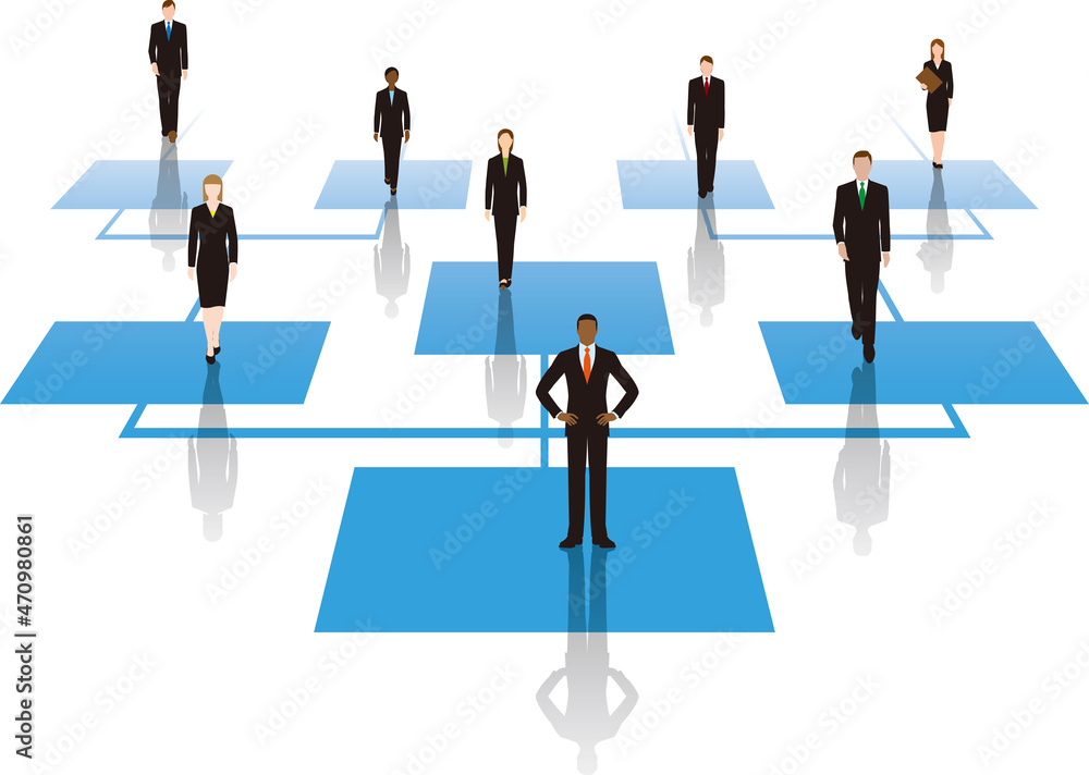 ビジネスピープルと会社構成図のイメージイラスト ビジネスピープルと会社構成図のイメージイラスト