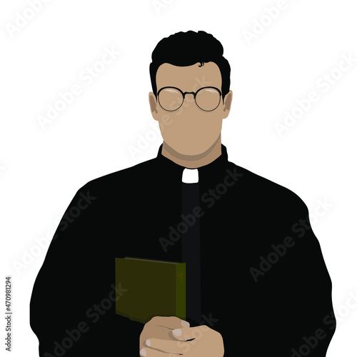 Priest with Bible on white background. Vector illustration