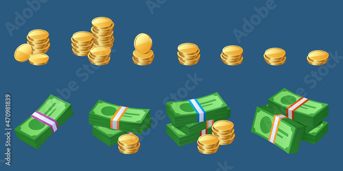 Money cash icons in stacks with different number of coins and bills. Vector cartoon set of bank currency with green banknotes in bundles and golden coins isolated on blue background