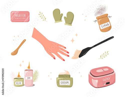 Paraffin therapy. Moisturizing wax from skin care. Female hands treatment in paraffin bath at spa salon. Icons collection of cosmetic procedures for skin. Vector illustration in flat cartoon style.