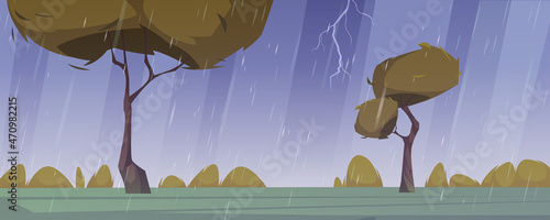 Summer rain cartoon landscape, storm with lightning strikes in dull grey sky, trees on field with grass and bushes. Rainy day background, thunderstorm natural countryside scene, Vector illustration