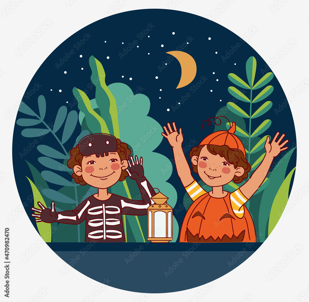 Naklejka premium Cute kids in carnival costumes. Vector illustration