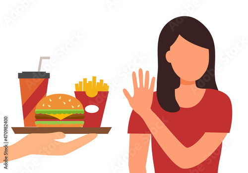 Woman dieting and refuse junk food in flat design. Stop eating unhealthy or fast food for good health.