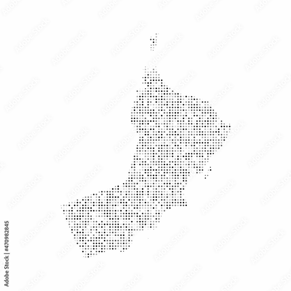 Obraz premium Abstract dotted black and white halftone effect vector map of Oman. Country map digital dotted design vector illustration.