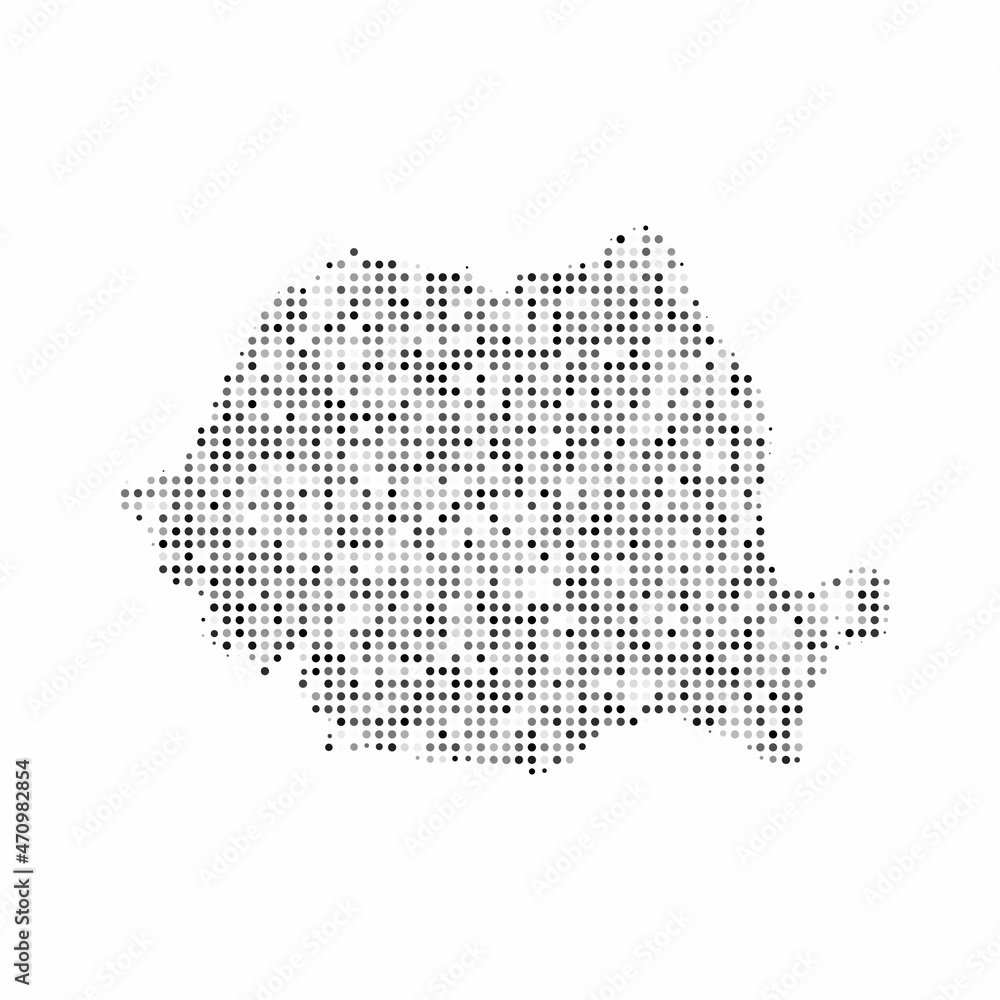 Abstract dotted black and white halftone effect vector map of Romania. Country map digital dotted design vector illustration.