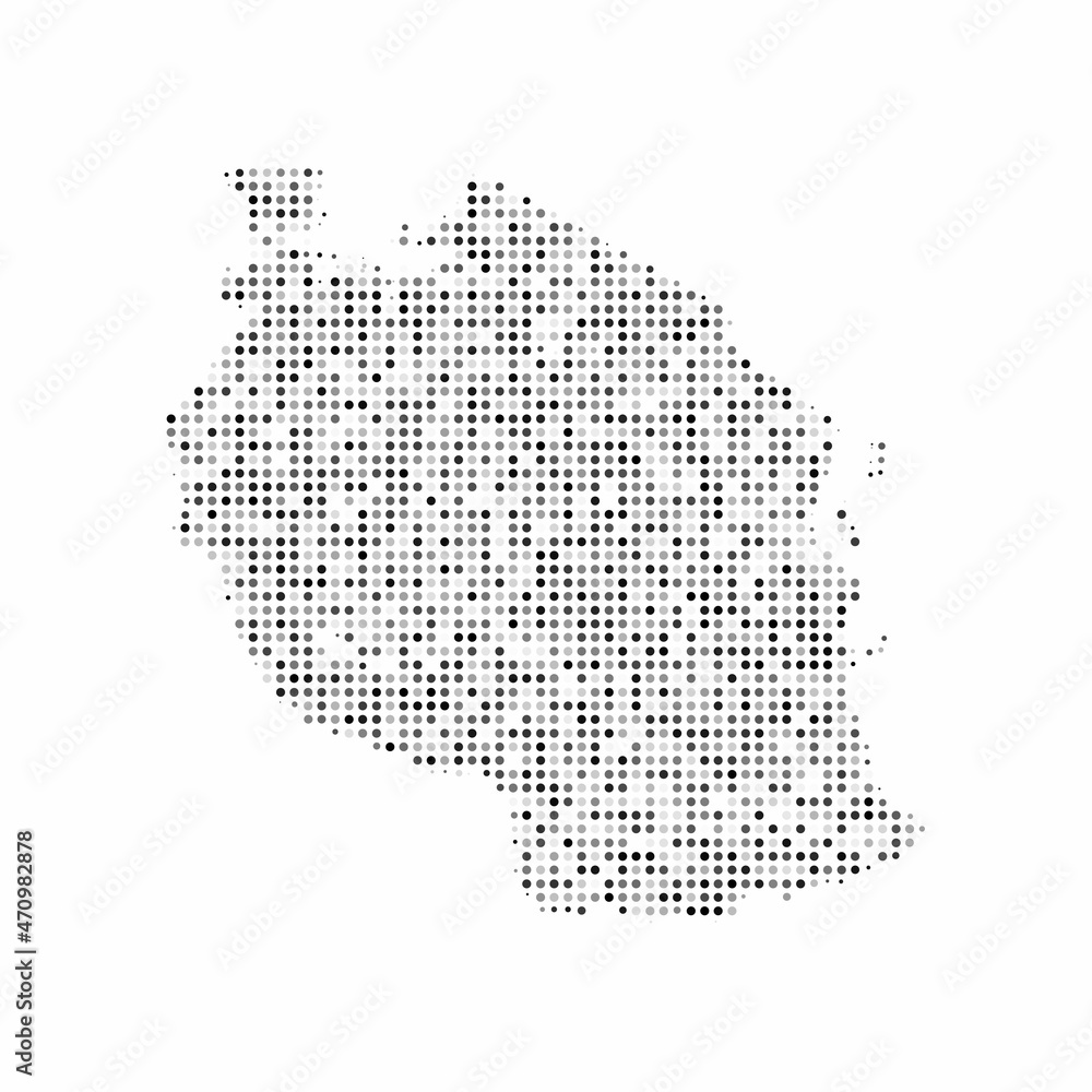 Abstract dotted black and white halftone effect vector map of Tanzania. Country map digital dotted design vector illustration.