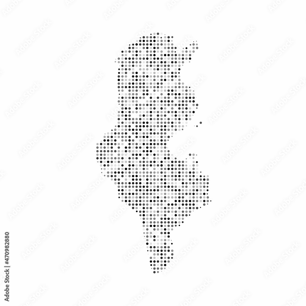 Obraz premium Abstract dotted black and white halftone effect vector map of Tunisia. Country map digital dotted design vector illustration.