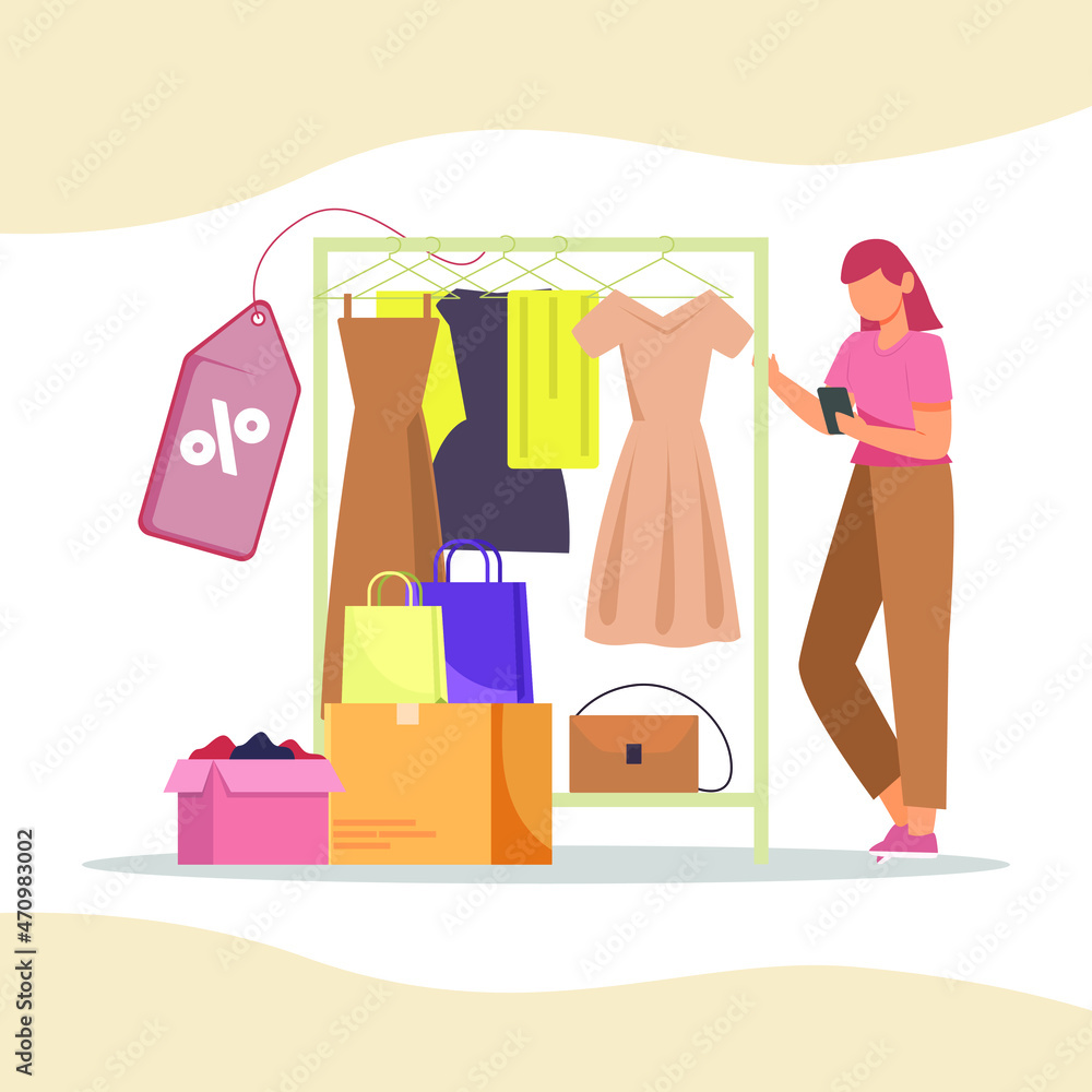 Young girl shopping clothing and accessories store with Online application. Happy woman get sale discount. Vector flat illustration Young girl shopping clothing and accessories store with Online application. Happy woman get sale discount. Vector flat illustration