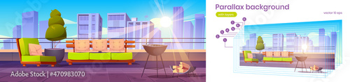 Parallax background summer cafe on roof, outdoor restaurant at rooftop terrace on city view. Empty patio with grill machine, comfy sofa 2d game animation with separated layers, Vector illustration