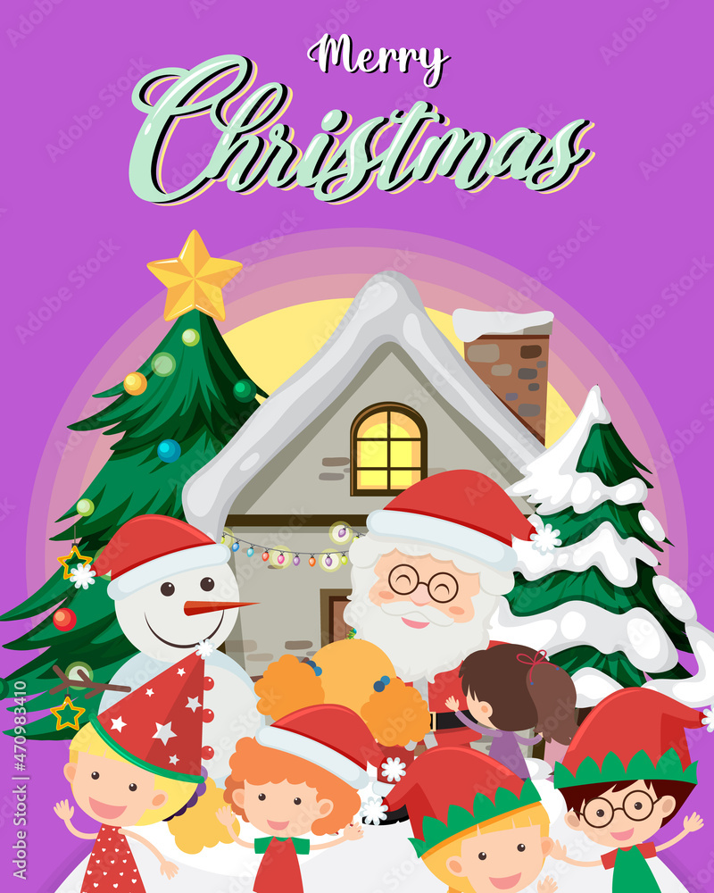 Merry Christmas poster template with Santa Claus and children Merry Christmas poster template with Santa Claus and children