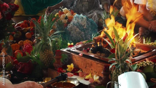 Flowers and fruits for offering at the Yagya fire ceremony hindu photo