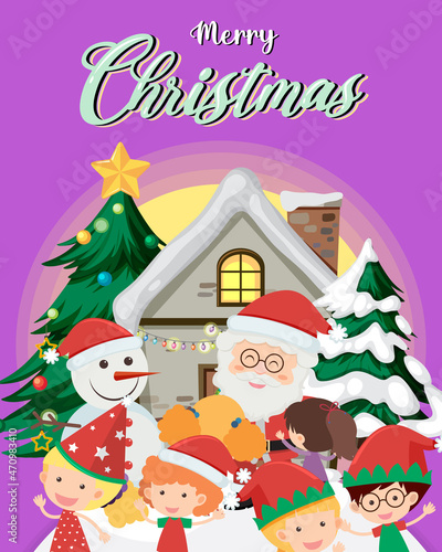 Merry Christmas poster template with Santa Claus and children