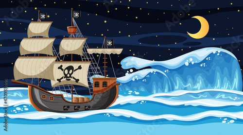 Ocean scene at night with Pirate ship in cartoon style