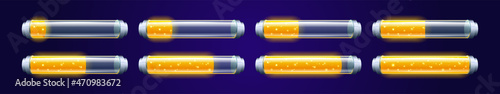 Mobile phone battery charge levels from low to high. Vector realistic illustration of full, half and empty glass container with golden shine. Loading or progress bar for game interface