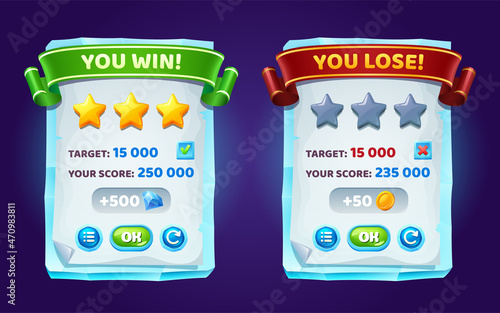 Game ui interface boards with level score, win and lose banners with golden stars and buttons. Vector cartoon set of gui elements with planks from ice, paper and ribbons