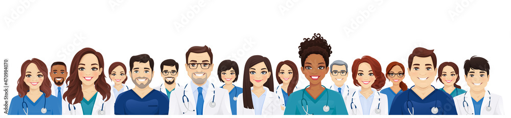 Crowd of multiethnic doctor and nurses group set isolated vector illustration Crowd of multiethnic doctor and nurses group set isolated vector illustration