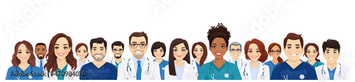Crowd of multiethnic doctor and nurses group set isolated vector illustration