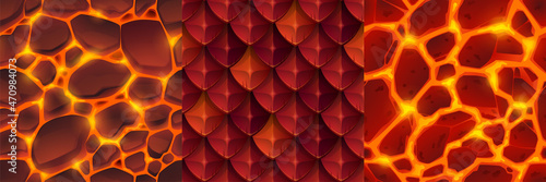 Textures of dragon skin and lava with stones for game background. Vector cartoon seamless patterns of top view of land with hot liquid magma and red scale of reptile or monster