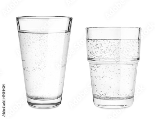 Glasses of soda water on white background, collage
