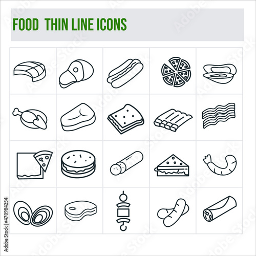 Food thin line icons set. The icons include salmon, ham, hamburger, burrito, turkey, steak, sandwich, ribs, spaghetti, pizza, waffles, pork chop, taco, bacon, lasagna  