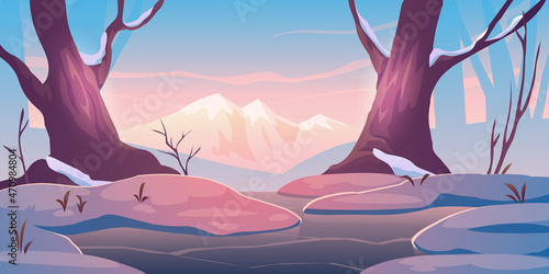 Sunrise in winter forest with frozen pond. Nature landscape background with bare tree trunks and mountains covered with snow, beautiful wild park or garden with snowdrifts, Cartoon vector illustration
