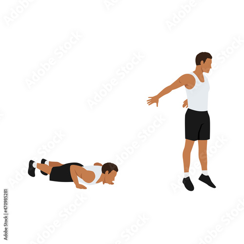 Man doing Chest to floor burpee exercise. Flat vector illustration isolated on white background