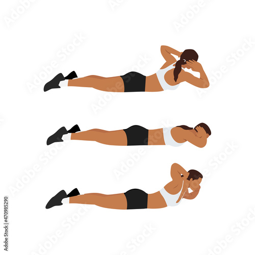 Woman doing Superman twist exercise. Flat vector illustration isolated on white background
