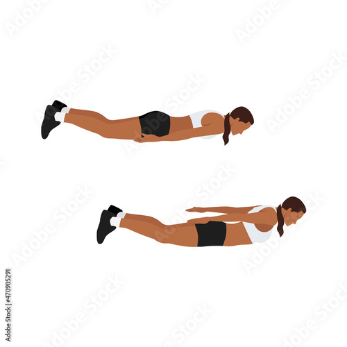 Woman doing Prone back extension exercise. Flat vector illustration isolated on white background