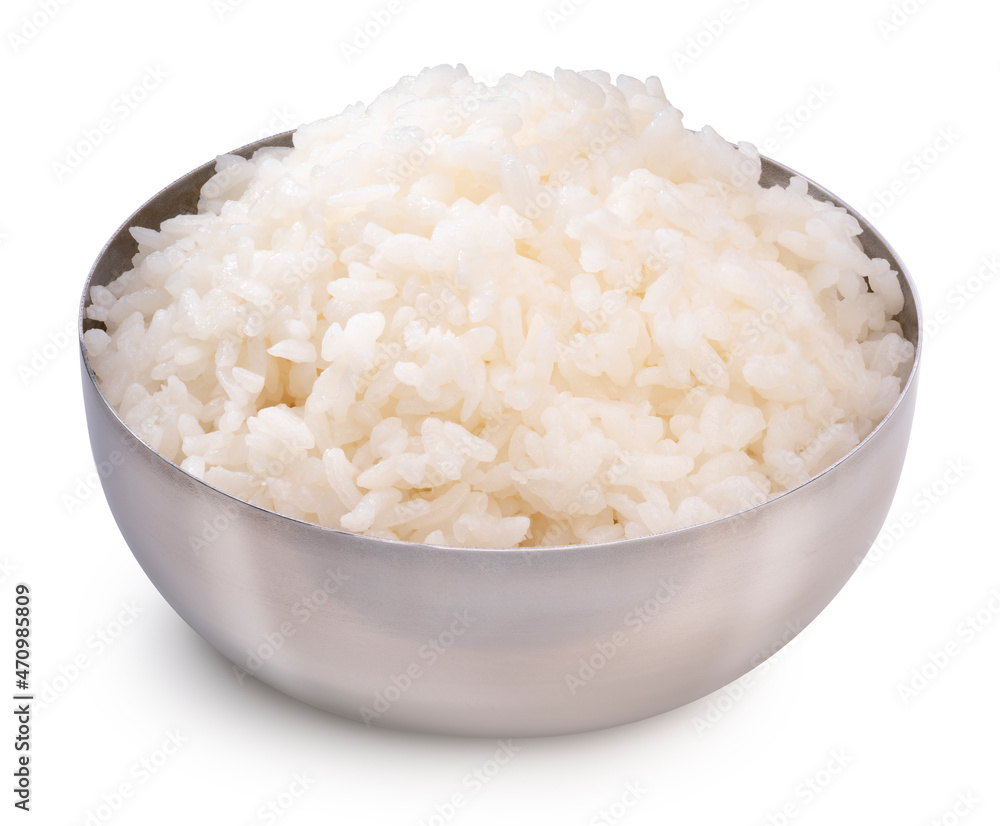 Rice in Korean rice bowl isolated on white background, Cooked Korean rice in a metal bowl on white background, With clipping path. Rice in Korean rice bowl isolated on white background, Cooked Korean rice in a metal bowl on white background, With clipping path.