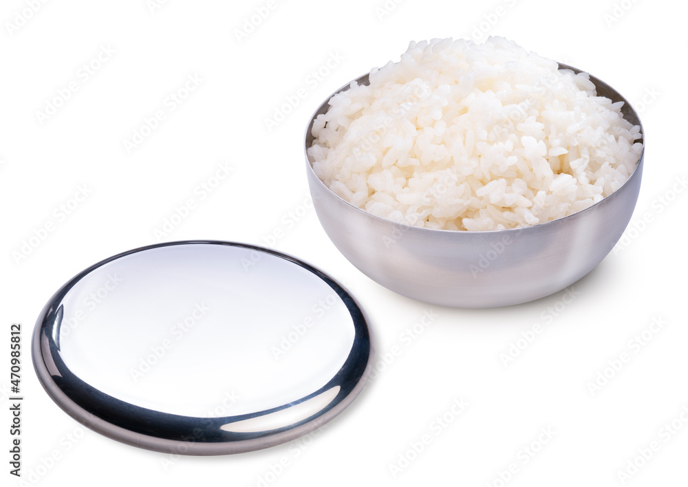 Rice in Korean rice bowl with bowl lid and isolated on white background