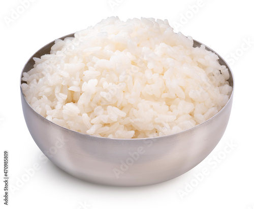 Rice in Korean rice bowl isolated on white background, Cooked Korean rice in a metal bowl on white background, With clipping path.