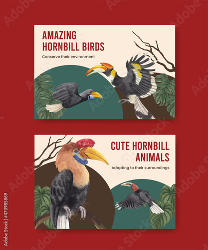 Facebook template with hornbill bird concept,watercolor style