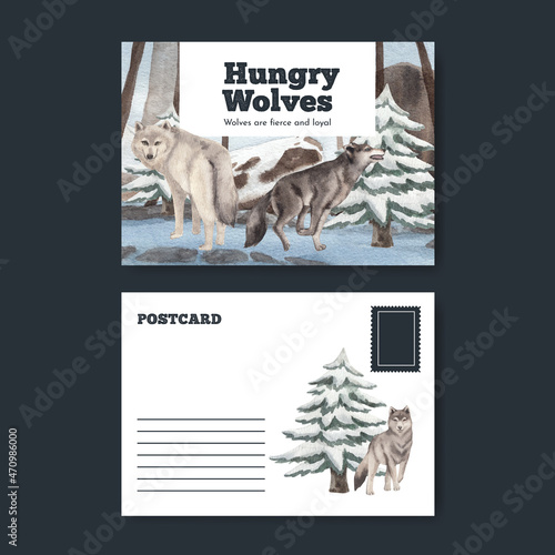 Postcard template with wolf in winter concept,watercolor style