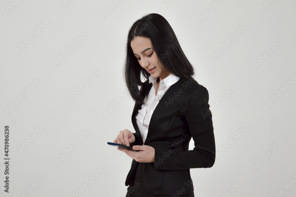 young pretty girl in a black business suit rejoices young pretty girl in a black business suit rejoices
