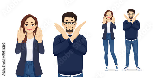 Casual business man and woman showing negative emotions with different gestures set. Crossed arms, stop palms vector illustration isolated on white background