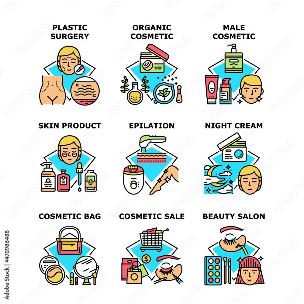 Cosmetic Skincare Set Icons Vector Illustrations. Organic Skin Care Cosmetic For Male, Plastic Surgery In Hospital And Epilation In Beauty Salon, Night Cream Bag And Container Color Illustrations