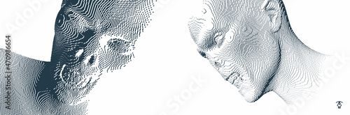 Faces of alien and zombie. Abstract digital head constructing from cubes. Voxel art. 3D vector illustration.