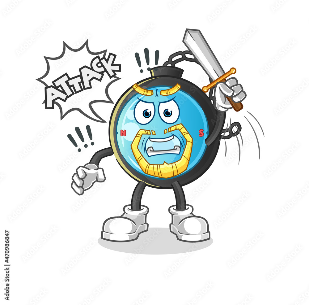 compass knights attack with sword. cartoon mascot vector compass knights attack with sword. cartoon mascot vector