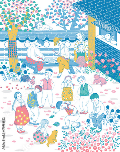 Vector illustration of villagers who enjoy various traditional games in Korea. Design for Poster, card, picture frame, fabric, web design and print project	