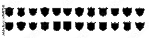 Shield icons set. Protect shield sign. Collection of security shield icons with contours and linear signs. Design elements for concept of safety and protection.