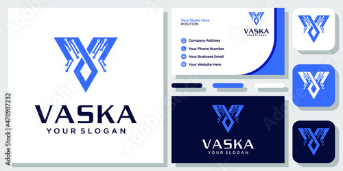 Initial Letter V Futuristic Technology Innovation Main board Logo Design with Business Card Template