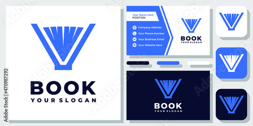 Initial Letter V Book Study Education Library Read Paper School Logo Design with Business Card Template