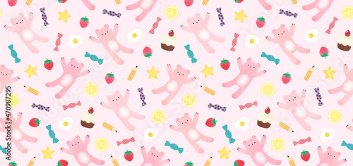 Seamless pattern with cute bears, candies and cupcakes.
Design for banner, poster, card, invitation and scrapbook.
