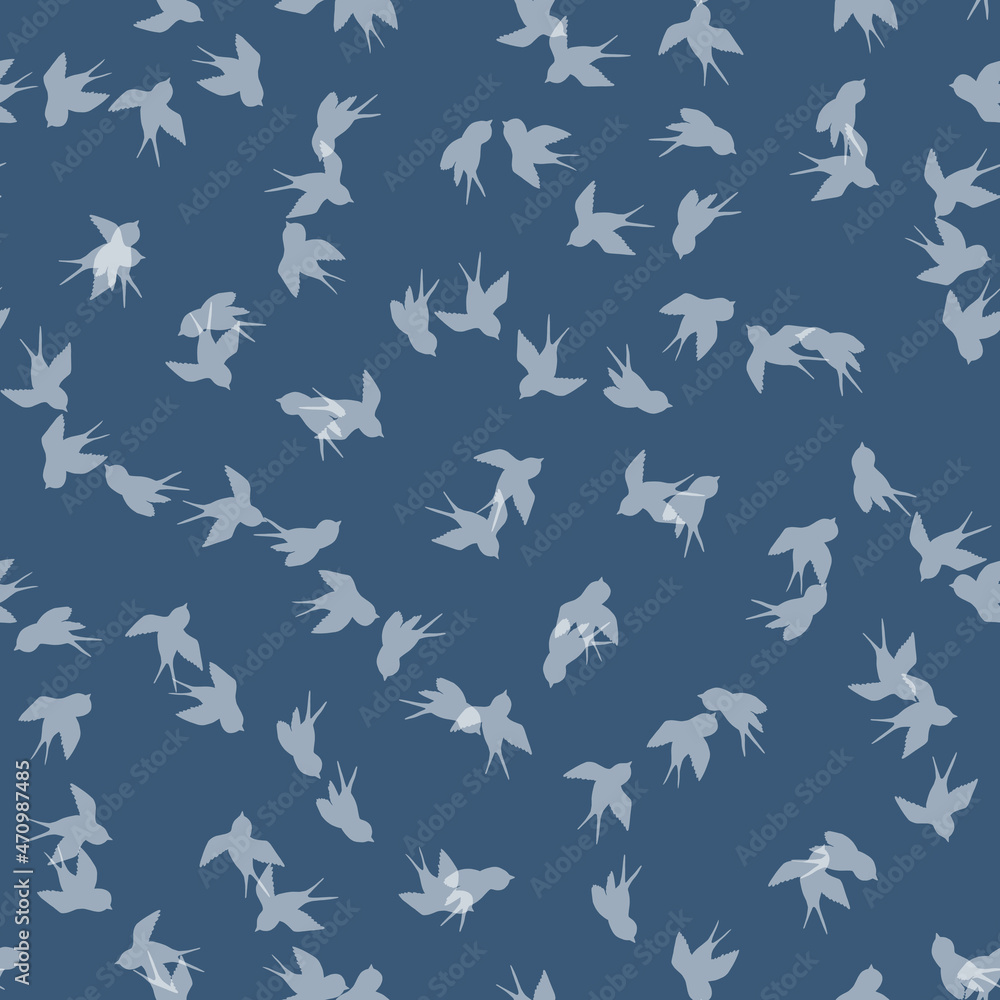 Seamless pattern with white swallow silhouette on blue background. Cute bird in flight. Vector illustration. Doodle style. Design for invitation, poster, card, fabric, textile Seamless pattern with white swallow silhouette on blue background. Cute bird in flight. Vector illustration. Doodle style. Design for invitation, poster, card, fabric, textile