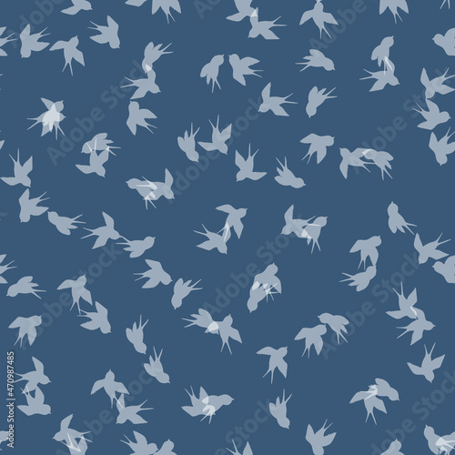Seamless pattern with white swallow silhouette on blue background. Cute bird in flight. Vector illustration. Doodle style. Design for invitation  poster  card  fabric  textile