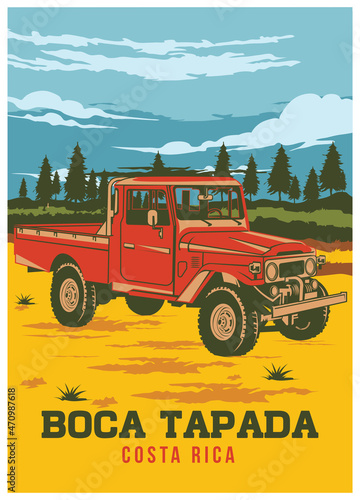 Off road vehicle in the mountain with pine tree forest, good for off road club logo and tshirt design 